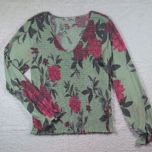 196-Suzy Shier‎ Green and Red Floral Blouse